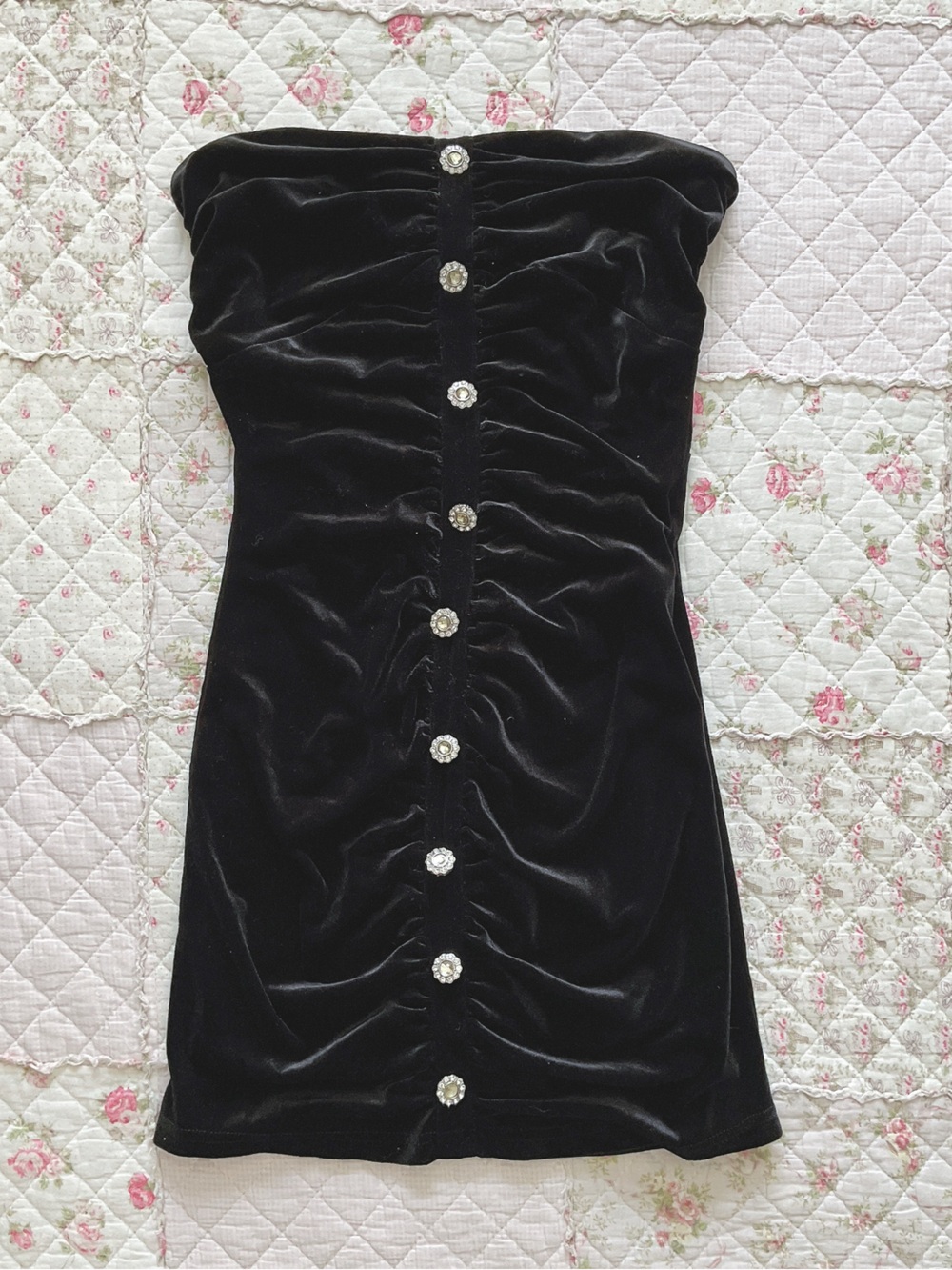 Forever 21 Black Velvet Strapless Dress with Rhinestone Buttons
